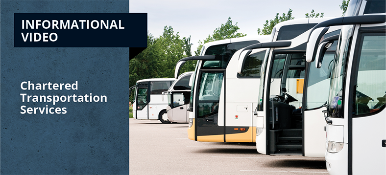 Chartered Transportation Services | Informational Video | white coach busses lined up on the right side