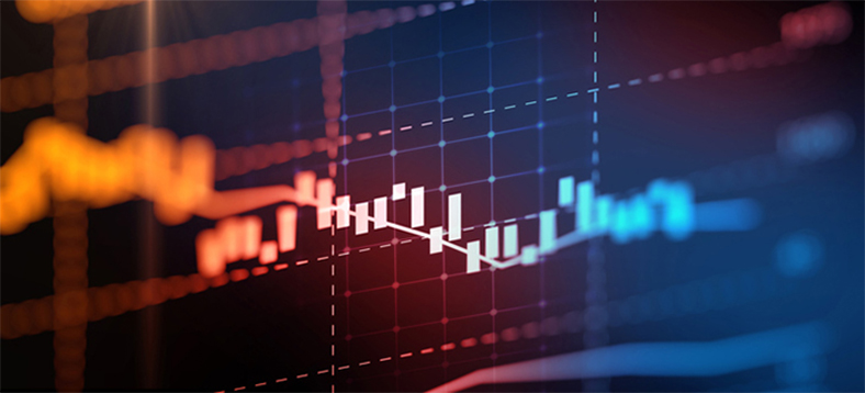 A graph with a trend line with a background of red and blue and gridlines.