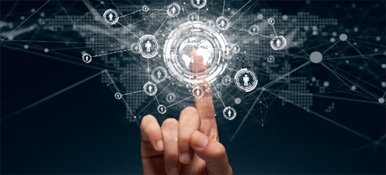 A finger pointing to the center of an icon of the world that creates a futuristic network of connections of people.