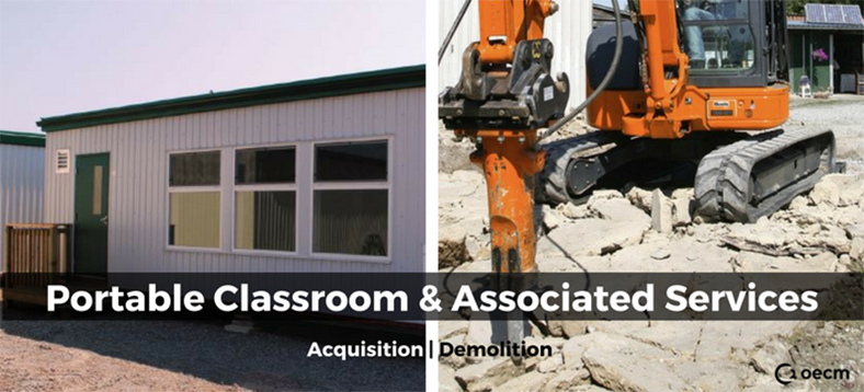 Portable classroom picture on the left and a demolition machine picture on the right.