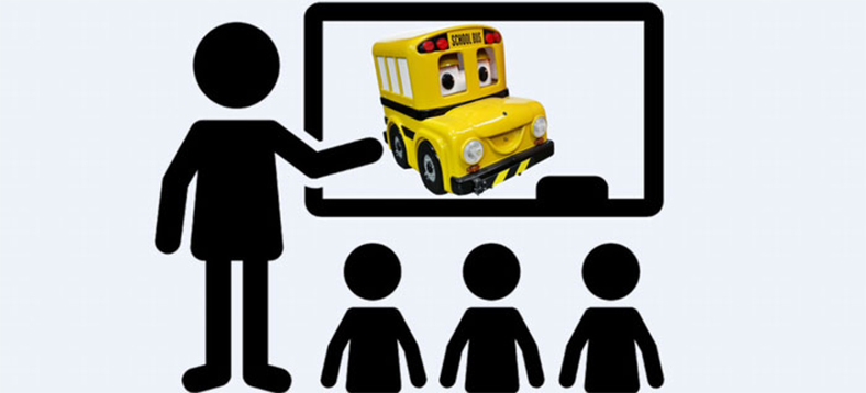 Three student stick people icons and a teacher icon pointing at a school bus on a chalkboard.