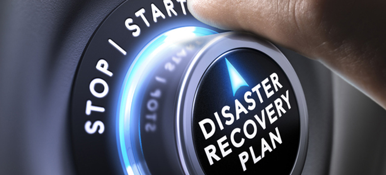 A finger hovering over the word 'START' and not 'STOP' above a 'Disaster Recovery Plan' button.