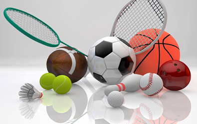 tennis balls, football, soccer ball, bowling pin, baseball, basketball, bowling ball, tennis and badminton rackets