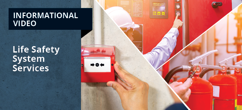 Informational Video | Life Safety System Services, person adjusting fire alarm, servicing fire extinguisher and testing fire alarm.