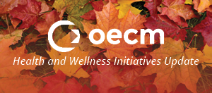 red and orange fall leaves with the OECM logo in white in the centre and sub text that says health and wellness initiatives update