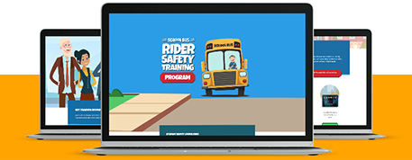 School Bus Rider Safety Training Program displayed on a laptop screen along with a illustration of a bus driver in a yellow school bus