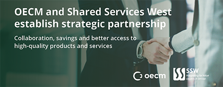 News Release | OECM and Shared Services West establish strategic partnership, collaboration, savings and better access to high-quality products and services, two business people handshaking, OECM and SSW logos