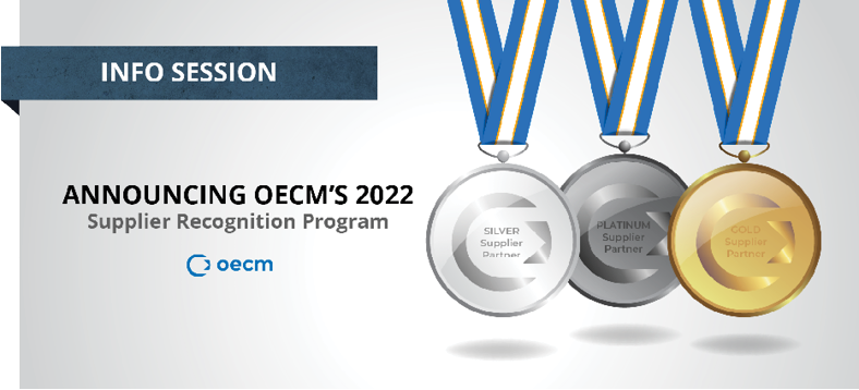 Information Session announcing OECM's 2022 Supplier Recognition Program, showcasing silver, gold and platinum supplier partner medals