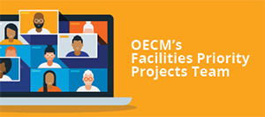 OECM's Facilities Priority Projects Team, graphic of a laptop with multiple people on video call with an orange and blue background