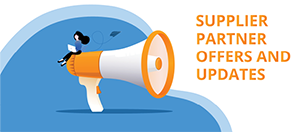 illustration of woman sitting on megaphone with text to right saying supplier partner offers and updates