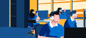 illlustration of a call centre with people at computers with headsets on