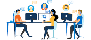 illustration of people on headsets taking calls at a desk with monitors
