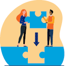 illustration of two people holding a puzzle piece with a down arrow to place it in the missing slot
