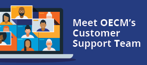 Meet OECM's Customer Support Team, graphic of laptop with people on a video call