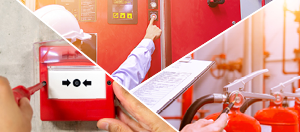Life Safety System Services, person adjusting fire alarm, servicing fire extinguishers and testing a fire alarm panel