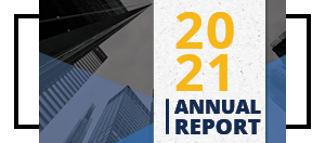 OECM's 2021 Annual Report cover, skyrise buildings in background