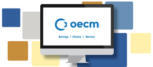 monitor with display of OECM logo with offset yellow, gray and blue rounded squares in background