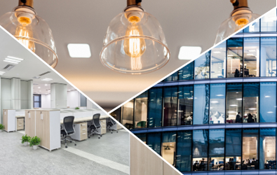 hanging light fixtures, indoor office lighting, corporate building with lights on