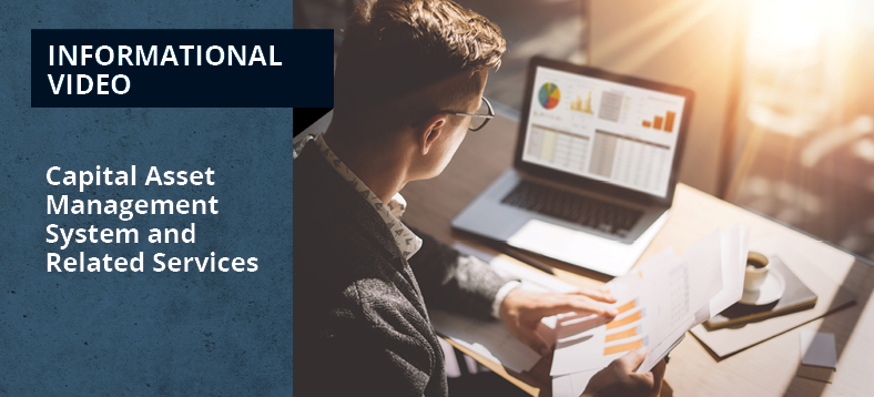 Informational Video - Capital Asset Management System and Related Services, person looking at a laptop displaying charts and graphs, while holding a bar graph report