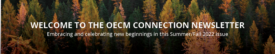 Welcome to the OECM Connection Newsletter, Embracing and celebrating new beginnings in this Summer/Fall 2022 issue, background of trees with fall colours