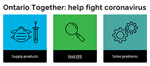 Ontario Together: help fight coronavirus | Supply products | Find PPE | Solve problems | Submit ideas | Volunteer