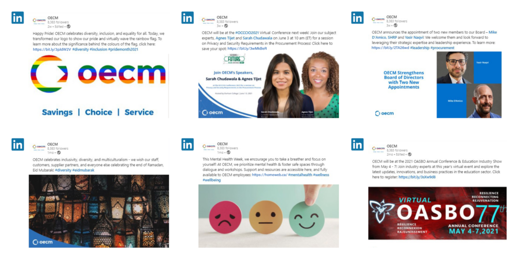 LinkedIn posts including Happy Pride wishes with OECM celebrating diversity, inclusion, and equality for all; OECM's speakers at #OCCCIO2021 Virtual Conference; OECM's appointment of two new members to Board; Wishes to those celebrating the end of Ramadan; Mental Health Week encouragement to take a breather and focus on yourself; OECM's attendance at the 2021 OASBO Annual Conference and Education Industry Show