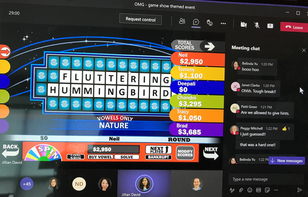 OMG - game show themed event with all staff playing wheel of fortune in an online platform