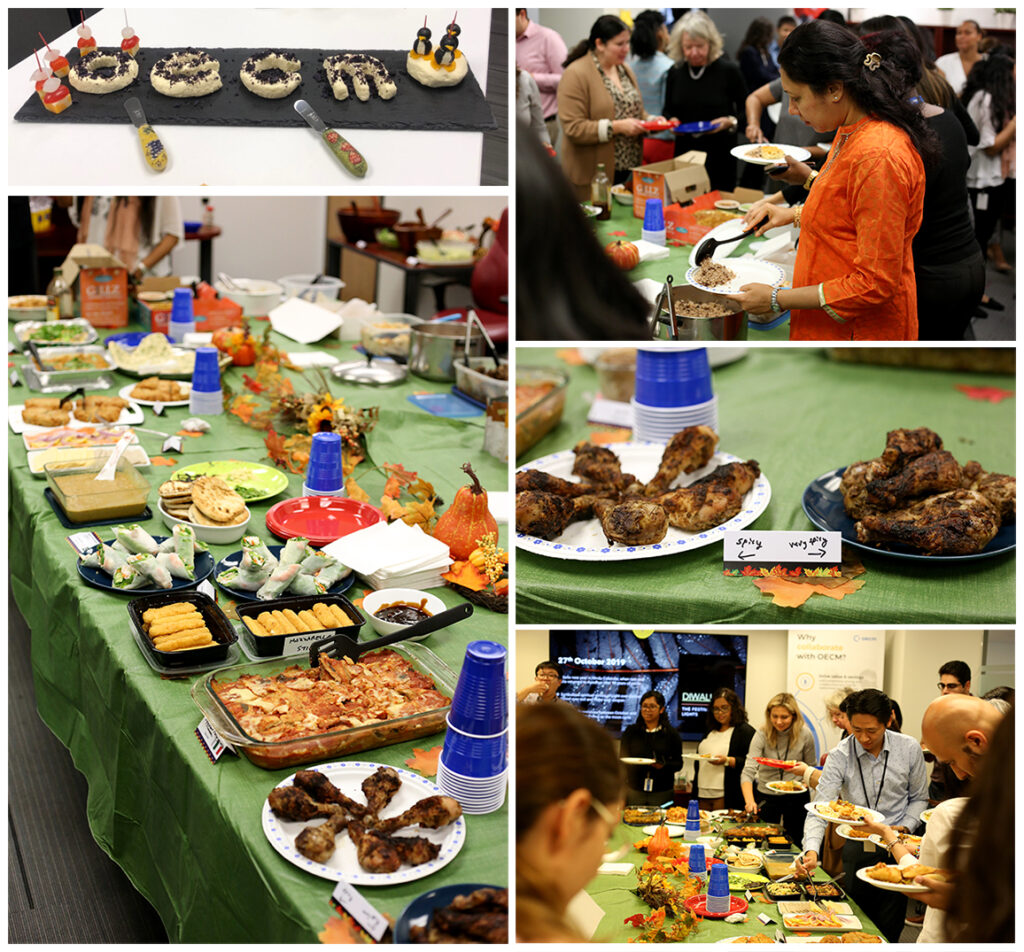 OECM's October Potluck - view of dishes brought in and OECM staff helping themselves to the spread