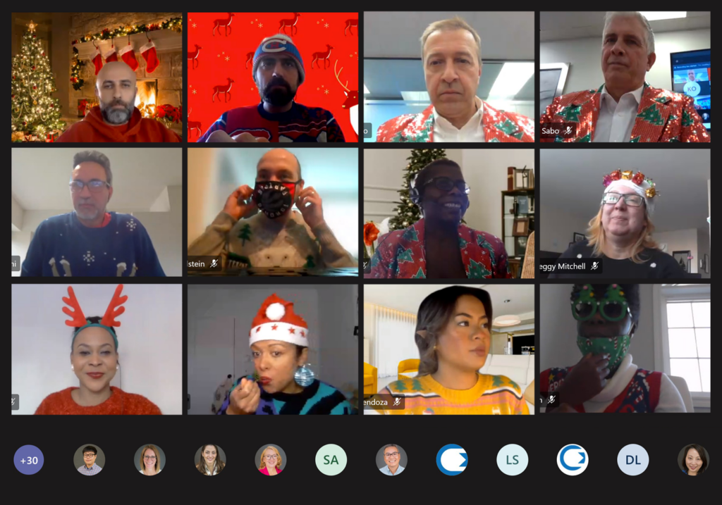 Virtual Ho-Ho-Hoedown View 1, OECM staff wearing holiday sweaters, masks, etc.