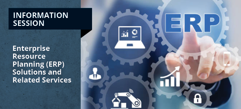 Enterprise Resource Planning (ERP) Solutions and Related Services Information Session, touch screen interaction with a gear that reads ERP among other gears that show related components