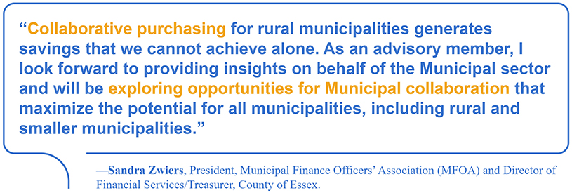 Quote by Sandra Zwiers, President, Municipal Finance Officers’ Association (MFOA) and Director of Financial Services/Treasurer, County of Essex: Collaborative purchasing for rural municipalities generates savings that we cannot achieve alone. As an advisory member, I look forward to providing insights on behalf of the Municipal sector and will be exploring opportunities for Municipal collaboration that maximize the potential for all municipalities, including rural and smaller municipalities.