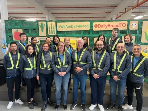 OECM staff volunteers at the Daily Bread Food Bank in January 2023. From Top Left: David Chan, Rushelle Mitchell, Sharon Hayward, Irene Sudirgo, Karen Owen, Tracy Brown, Sonia Gallo, Vasilii Popov, Lorraine Sabo, Yashan Jayasingha, Mie Okawa, Luba Medvedeva, Kimberly Humphreys, John Sabo, Derame Aodesho, Perry Arzumanian, Ken Voong