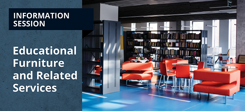 Information Session - Educational Furniture and Related Services, orange tables and seating among bookshelves