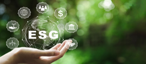 a hand holding the word ESG, palm facing up, symbols surrounding the hand
