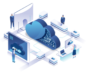 illustration showing system and computer interactions over cloud