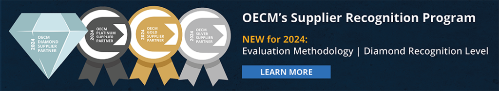 OECM's Supplier Recognition Program, New for 2024: Evaluation Methodology | Diamond Recognition Level, ribbons for 2024 Diamond, Platinum, Gold and Silver Supplier Partners