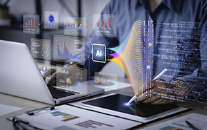 The AI Revolution, Analyst or Scientist uses a computer and dashboard for analysis of information on complex data sets on computer