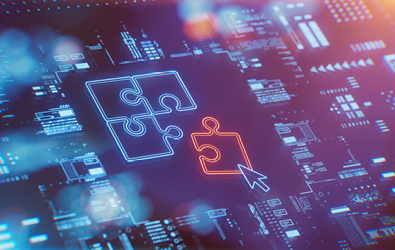 image of a red puzzle piece coming together as a missing piece in the overall puzzle overlaying a circuit board