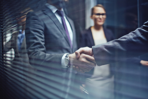 Close-up of businessmen handshaking on background of woman