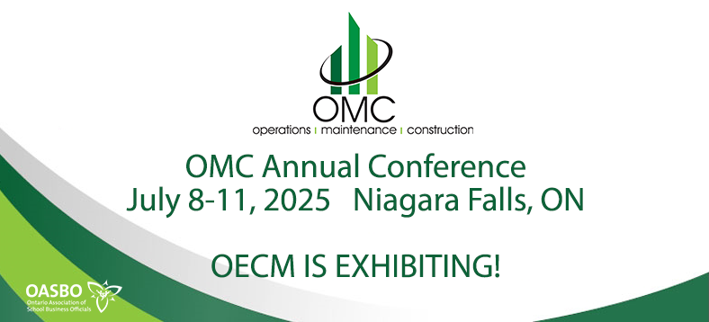 OMC Annual Conference, July 8-11, 2025, Niagara Falls, ON, OECM is exhibiting! OMC - operations | maintenance | construction conference logo, OASBO logo