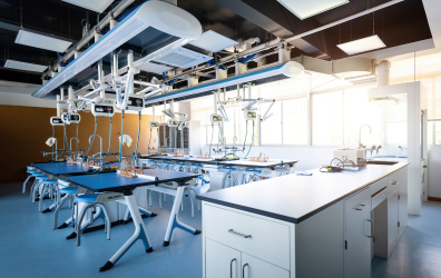 Empty chemistry laboratory with tools and equipment