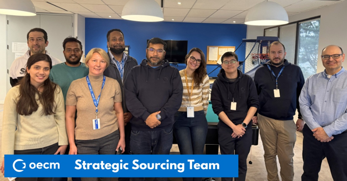 OECM's strategic Sourcing Team; Back row (left to right): Sourcing Specialist: Ali Sayyad, Sourcing Managers: Balaji Dhakshina Murthy, Marc Mohammed. Bottom row (left to right): Sourcing Analyst: Elaine Alva, Sourcing Manager: Olga Smirnova, Senior Manager, Strategic Sourcing: Shouvik Roy, Sourcing Managers: Gabriele Pinaffi, Gunter Kwok, Senior Manager, Strategic Sourcing, Director, Strategic Sourcing, Perry Arzumanian. Not pictured: Senior Manager, Strategic Sourcing: Aila You, Project Lead: Laura Cocuzzi, Sourcing Managers: Connie Forrest, Patti Greer, Karen Latreille, Catherine Morton; Sourcing Analyst: Preeti Kaushal, Sourcing Specialist: Annie Kwok