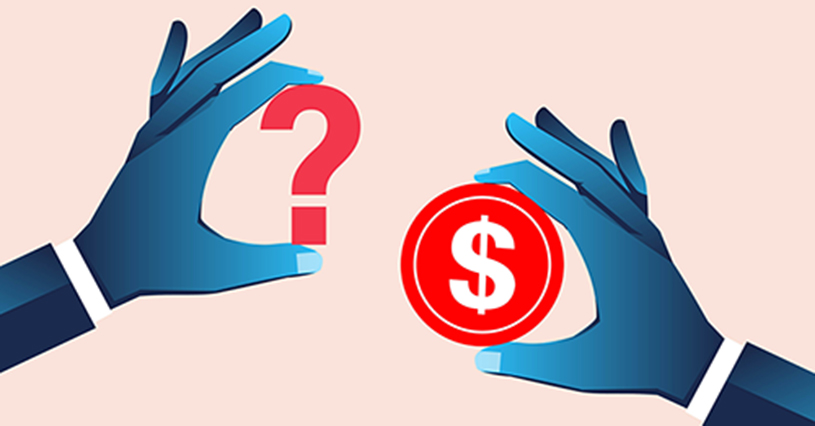 Money or financial problem, money problem, how to make more money, businessman investor holding question mark in one hand and gold coins in the other