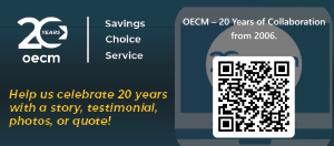 Help us celebrate 20 years with a story, testimonial, photos, or quote! OECM - 20 Years of Collaboration from 2006, QR code included that links to message contribution page