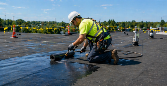 Roofing contractor repairing roof