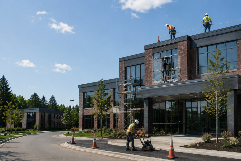 workers performing facility and building maintenance repair and refresh during the spring-summer time