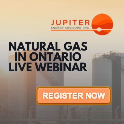 Promotional graphic for a “Natural Gas in Ontario” live webinar by Jupiter Energy Advisors Inc. Features large black text over an industrial gas facility background with an orange “Register Now” button.