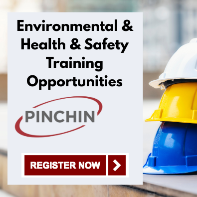 Promotional image advertising Environmental & Health & Safety training opportunities from Pinchin. Features safety helmets on the right side and a red “Register Now” button.