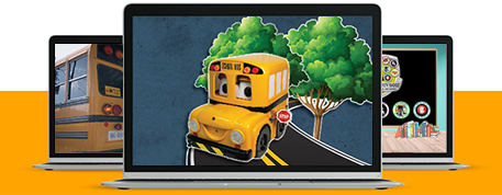 School Bus Rider Safety Training Services represented on laptop screens along with anillustration of buster the bus