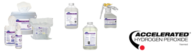 Images (Left to Right): 1. Photograph of various sizes and packaging types of disinfecting wipes, including a large bucket, a small container, and a refill pouch, all with purple and white labels. The products are displayed with some wipes partially pulled out, highlighting their use for cleaning and sanitizing surfaces. 2. Photograph showing three containers of Diversey cleaning products labeled "Oxivir Plus" and "Oxivir Tb," with one container equipped with a spray nozzle. Labels include product details, usage instructions, and safety information, with purple and white color schemes and Diversey branding. 3. Logo for Accelerated Hydrogen Peroxide features bold black text with a red dot beneath the letter "A" and a curved black swoosh encircling the word "Accelerated." Design emphasizes brand name with clean, modern typography and minimal color scheme.